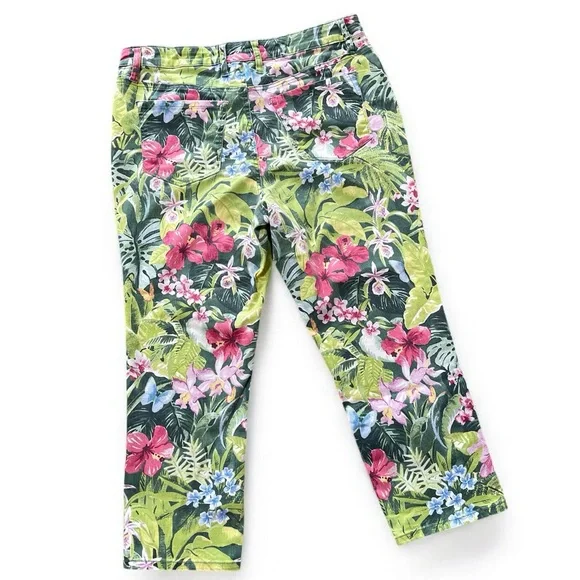 Tommy Bahama Ella Twill Pink Green Tropical High Rise Crop Pants Sz 12 - Picture 6 of 15